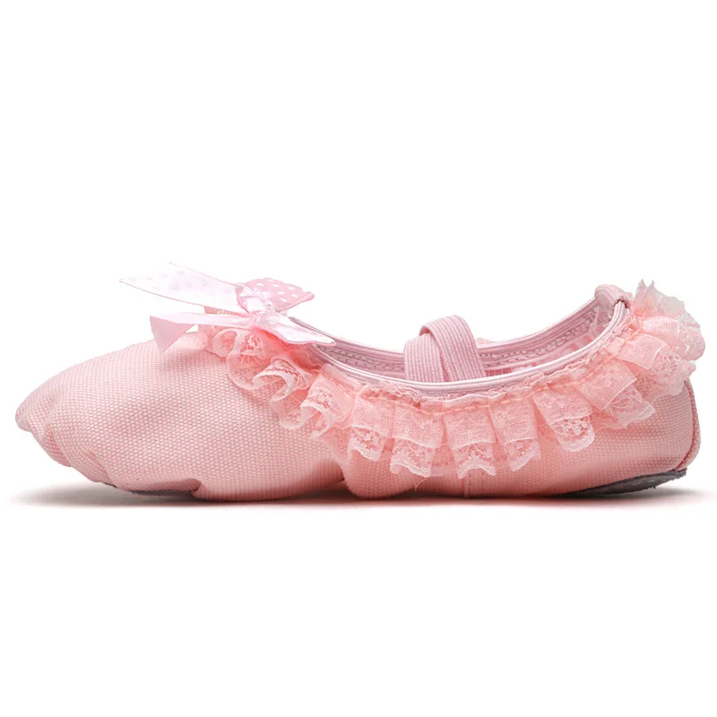 Детская танцевальная обувь для балета кружевная начинающих розовые парусиновые