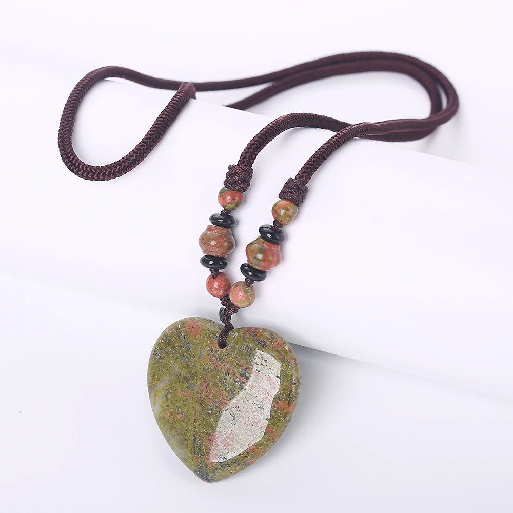Hot Natural Stone Vintage Men Bijoux Bohemia Crystal Heart Opal agate amber obsidian Pendant Necklaces Women Jewelry Reiki Gift | Украшения