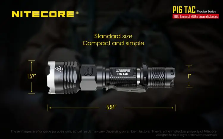 Тактический светильник NITECORE P16TAC P16 TAC для вспышки CREE XM-L2, максимальная дальность луча 1000 люмен, 300 м, уличный фонарь, поисково-спасательный светильник