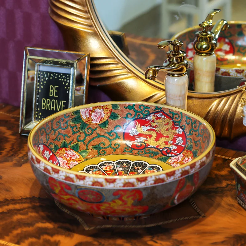 

Chinese bathroom antique ceramic wash basin bathroom retro art above counter basin wash basin vanity LO6221118