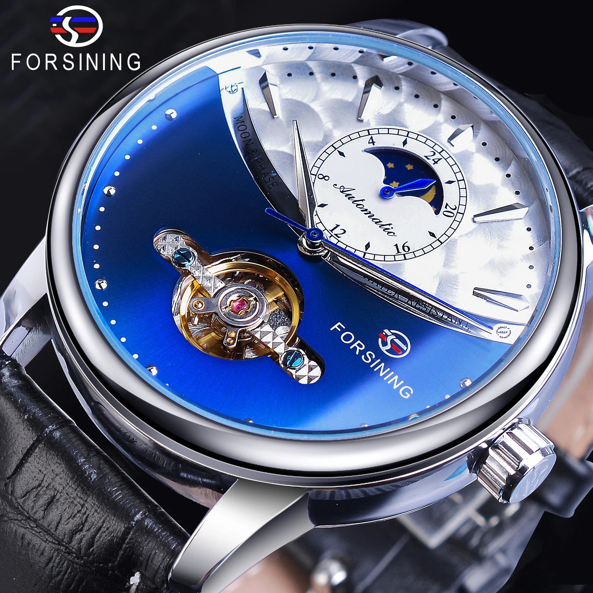Мужские автоматические часы Forsining Royal Tourbillon синие механические из натуральной