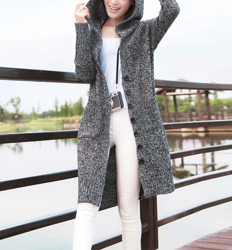 Korean version of the ride in long hooded single-breasted large pocket women sweater thickened long-sleeved cardigan 17179 |