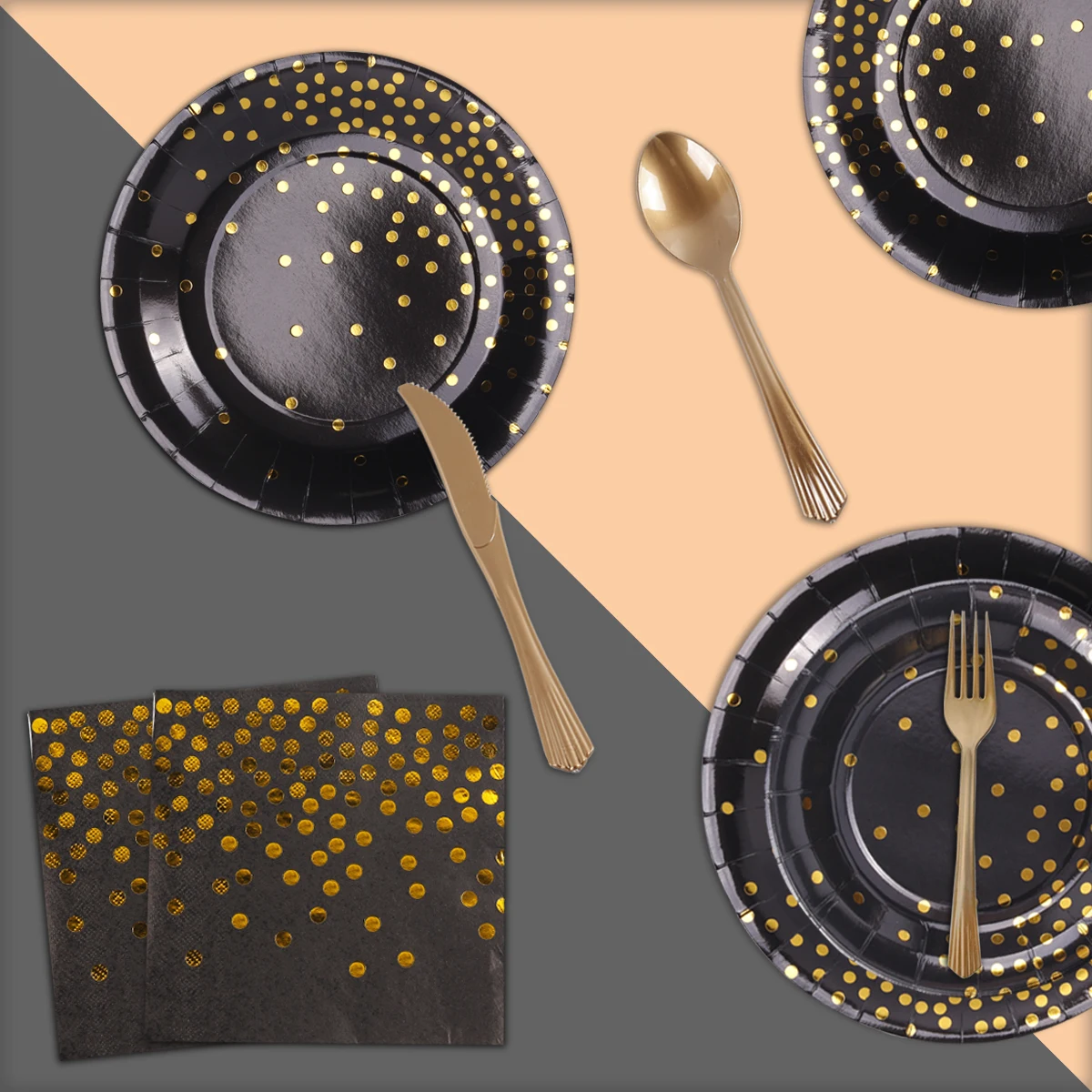 

QIFU 168pcs Black Hot Stamping Disposable Tableware Disposable Cups Towel Paper Plate Napkins Sets Disposable knife and fork