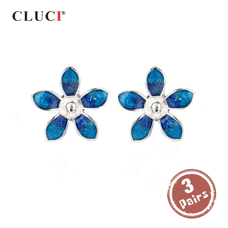 

CLUCI 3 pair 925 Sterling Silver Flower Stud Earrings for Women Silver 925 Pearl Earrings Mounting Flower Earrings SE036SB