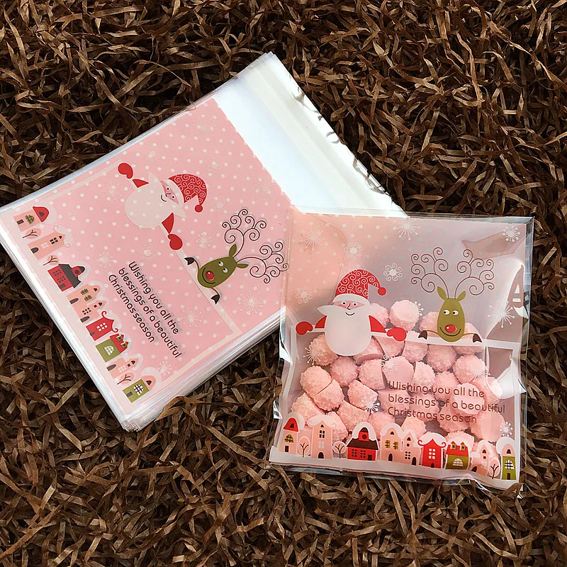 100 шт Розовый Санта Клаус и олень упаковка печенья пластиковые свадебные конфеты