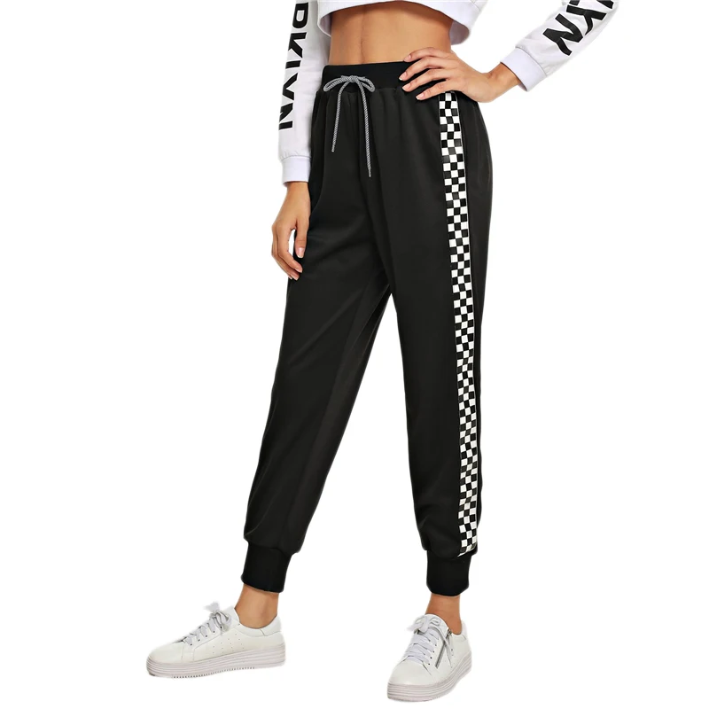 ROMWE Black Drawstring Waist Plaid Panel Pants Women Casual Autumn High Waist Bottoms Sporty Sweatpants Female Sports Trousers