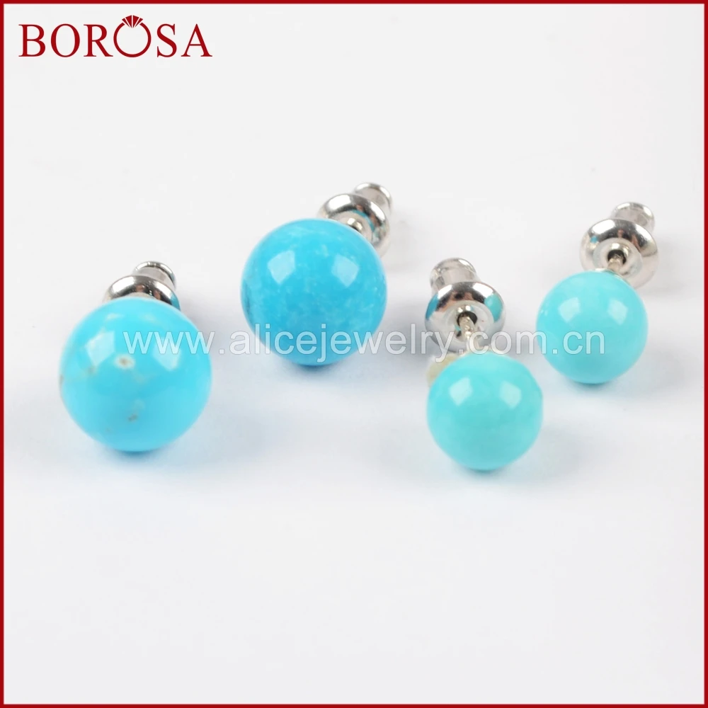Модные серьги гвоздики BOROSA из чистого серебра 100% натуральная бирюза 92.5%