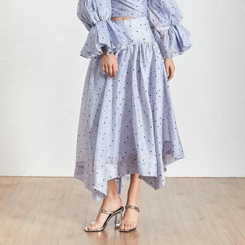skirt2 TWOTWINSTYLE женский костюм-двойка в горошек без бретелек с пышными рукавами шорты пуловер на молнии до середины икры трапециевидные Юбки наборы - Цвет: skirt2