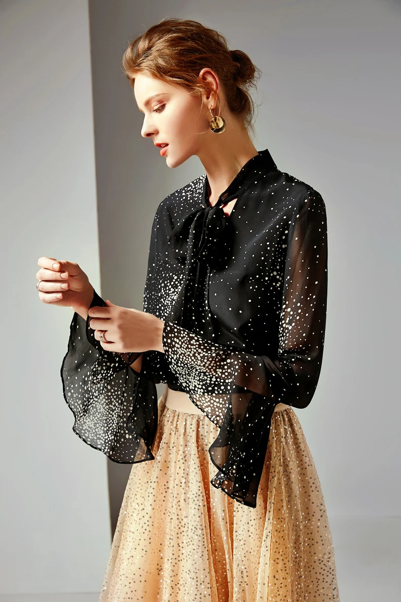 2019 100% Pure Silk Women's Runway Shirts Bow Collar Flare Sleeves Dots Printed Fashion Elegant Shirt Blouse |
