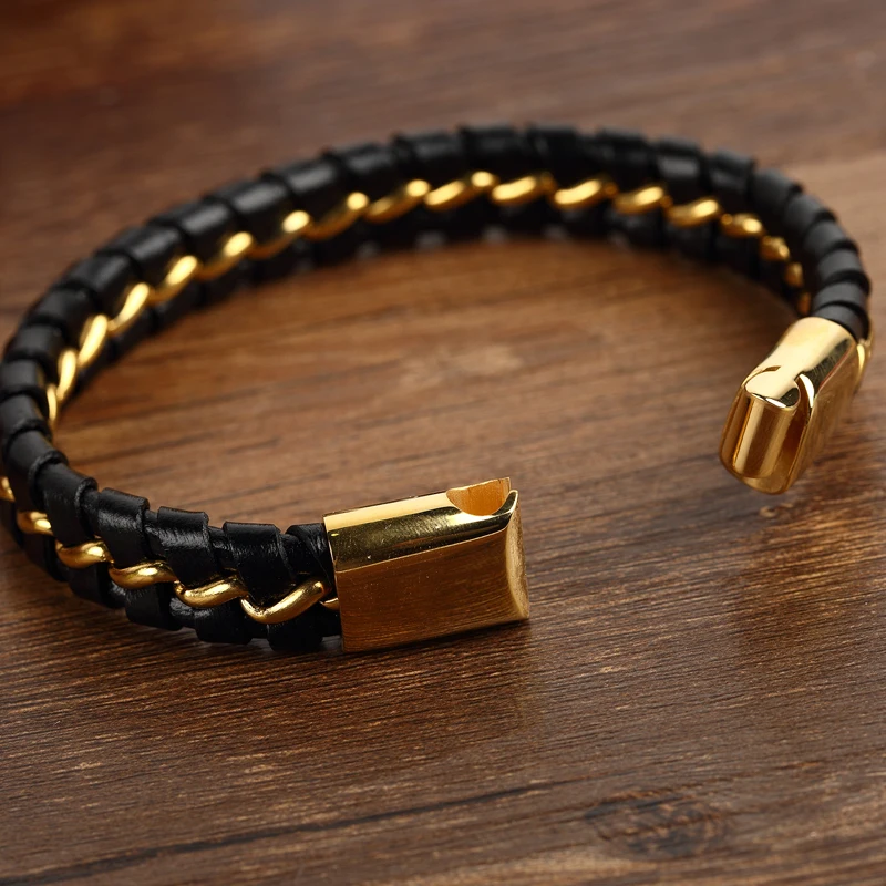 MOGE модные 12 мм мужские кожаные браслеты из нержавеющей стали позолоченная цепь и