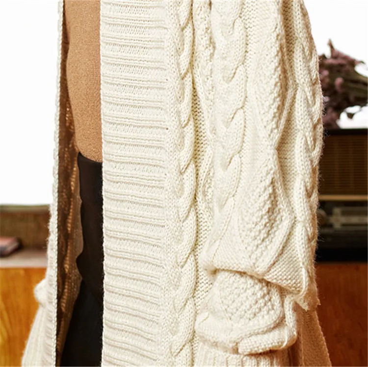 Ручная работа из чистой шерсти Vneck толстый вязаный женский модный однотонный свободный прямой длинный кардиган свитер один и более размер