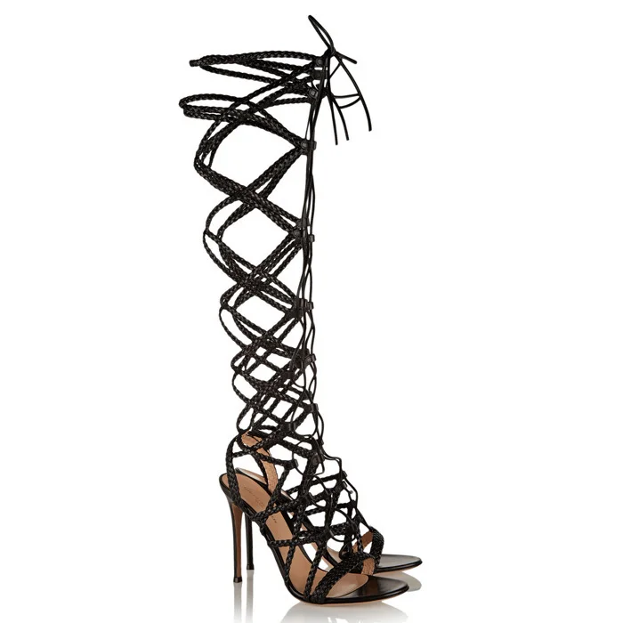 Top brand designer/apricot knee-length black female gladiator sandals and peep-toe shoes hollowed out women in 2015 | Обувь