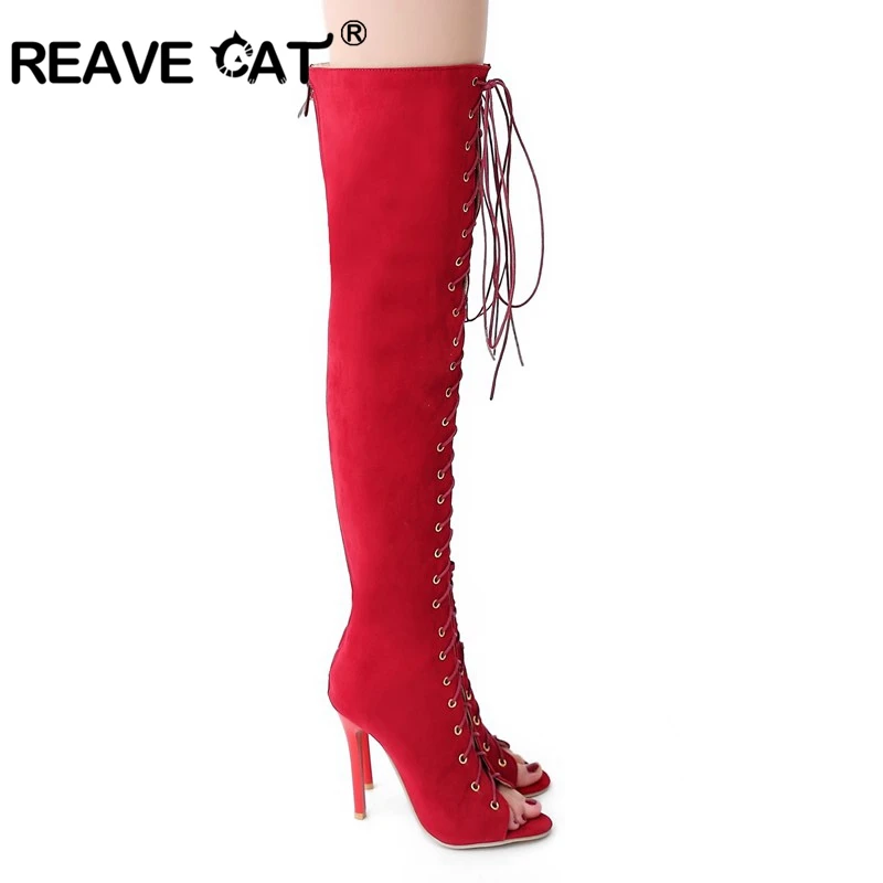 REAVE CAT/женские летние ботинки женская обувь из флока на высоком каблуке, с открытым носком, с перекрестной шнуровкой, на молнии пикантные гладиаторы черного и красного цвета, большие размеры 32-43, A350