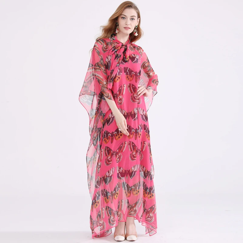 

Women Fashion Plus Size 3XS-10XL Maxi dress Women's Batwing Sleeve Bow Collar Vintage Butterfly Print Chiffon Loose long Dress