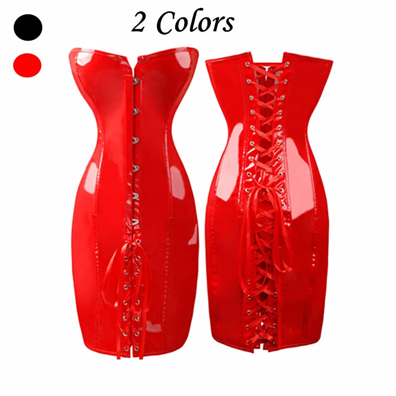 Черный сексуальный блестящий корсет из ПВХ кожи с длинной талией женский со
