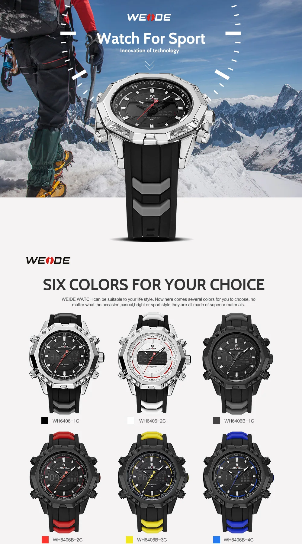 WEIDE мужские кварцевые часы Лидирующий бренд роскошные часы с будильником Schocker водонепроницаемые спортивные наручные часы Аналоговые Цифровые Автоматические часы 6406
