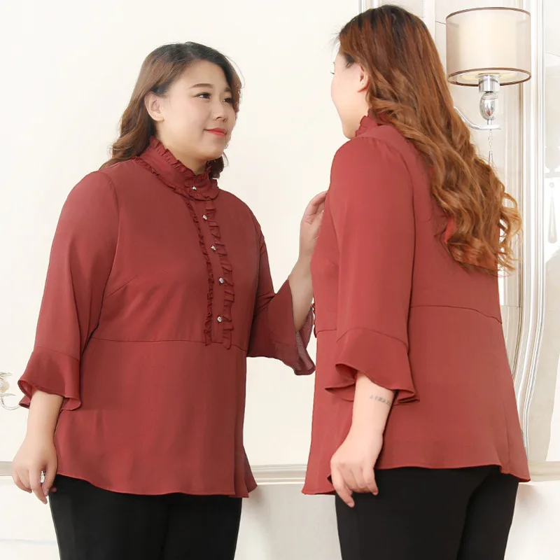 as picture TUHAO Весна Лето Элегантная Женская рабочая блузка размера плюс 10XL 9XL 8XL с расклешенными рукавами и оборками офисные женские блузки рубашки топы - Цвет: as picture