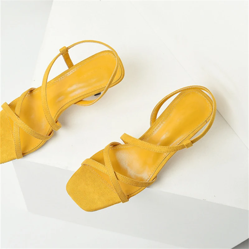 

Mabaiwan Casual Women Sandals Thin High Heels Flock Slip On Dress Wedding Shoes Woman Cross Tied Slipper Gladiator Concise Pumps