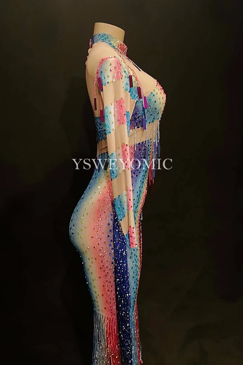 Для женщин Sexy Чистая длинное платье Красочные Bling бахрома Сияющие кристаллы для ночного клуба Детский костюм для вечеринок сценическая танцевальная одежда для певцов Танцы rs