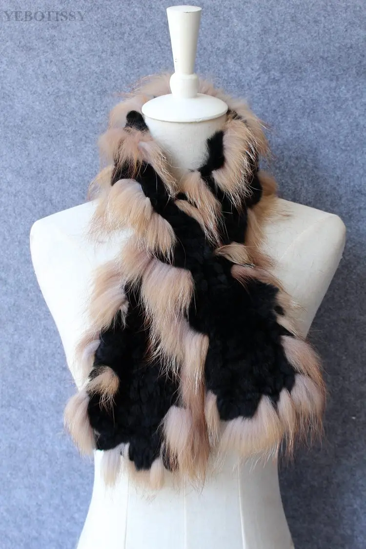 black with brown Новое поступление, настоящий шарф из меха кролика Рекс, отделка из меха серебристой лисы, кольцо для женщин, воротник из натурального меха, зимний теплый модный палантин egelgant - Цвет: black with brown