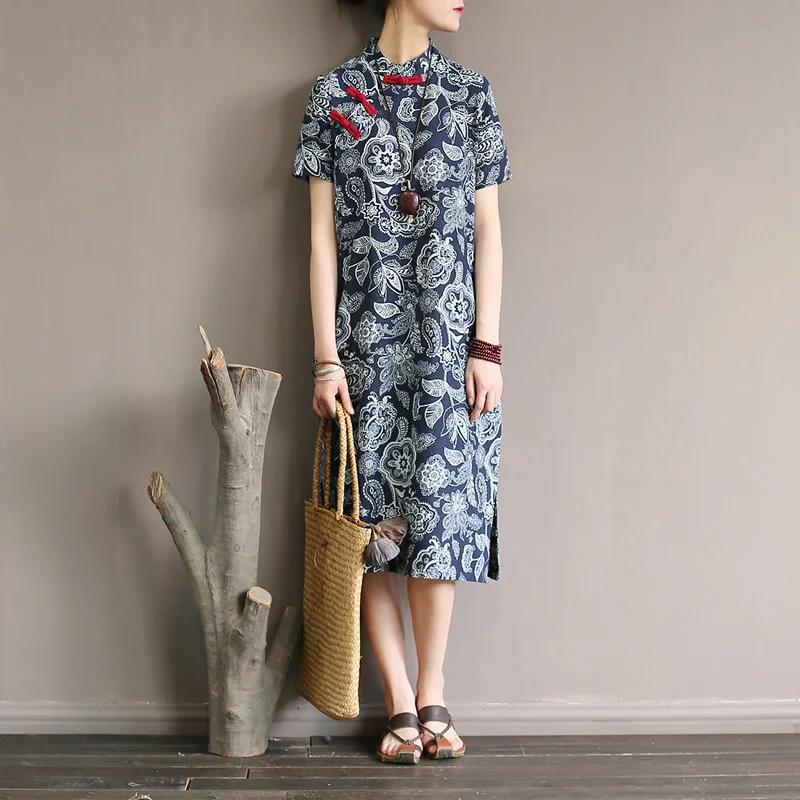 Женское винтажное платье Qipao повседневное летнее до колена из хлопка и льна с