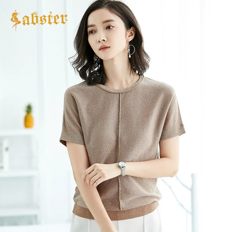 

2019 Summer Short Sleeve T Shirt O-Neck Knitted Tshirts Women Ice Silk Clothes Shining Tops XZ107