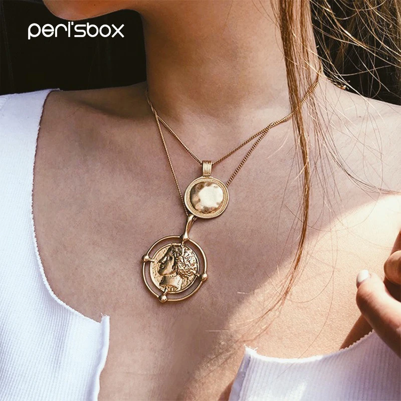 

Peri'sBox Gold Color Hanging Portrait Coin Chain Choker Necklace Female Layered Charms Pendant Chokers Necklaces Bohemia Jewelry