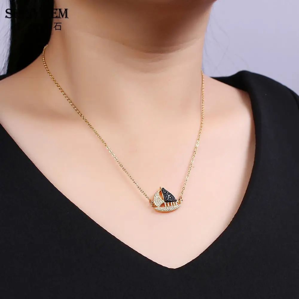 ShinyGem Lucky Sailboat Pendants Necklace AAA White Zircon Natural Crystal Druzy Necklaces Fashion Gold Gifts For Women | Украшения и
