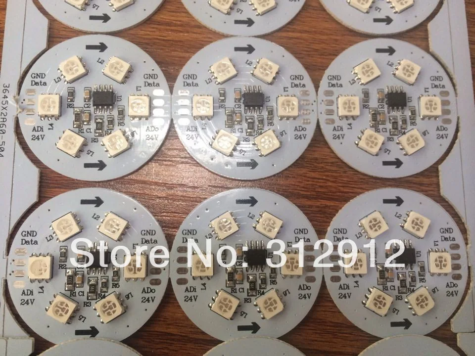 

WS2821A DC24V PCBA;6pcs 5050 SMD RGB LED;1.44W;parallel-single wire-three channels-256gray level-constant current led driver IC