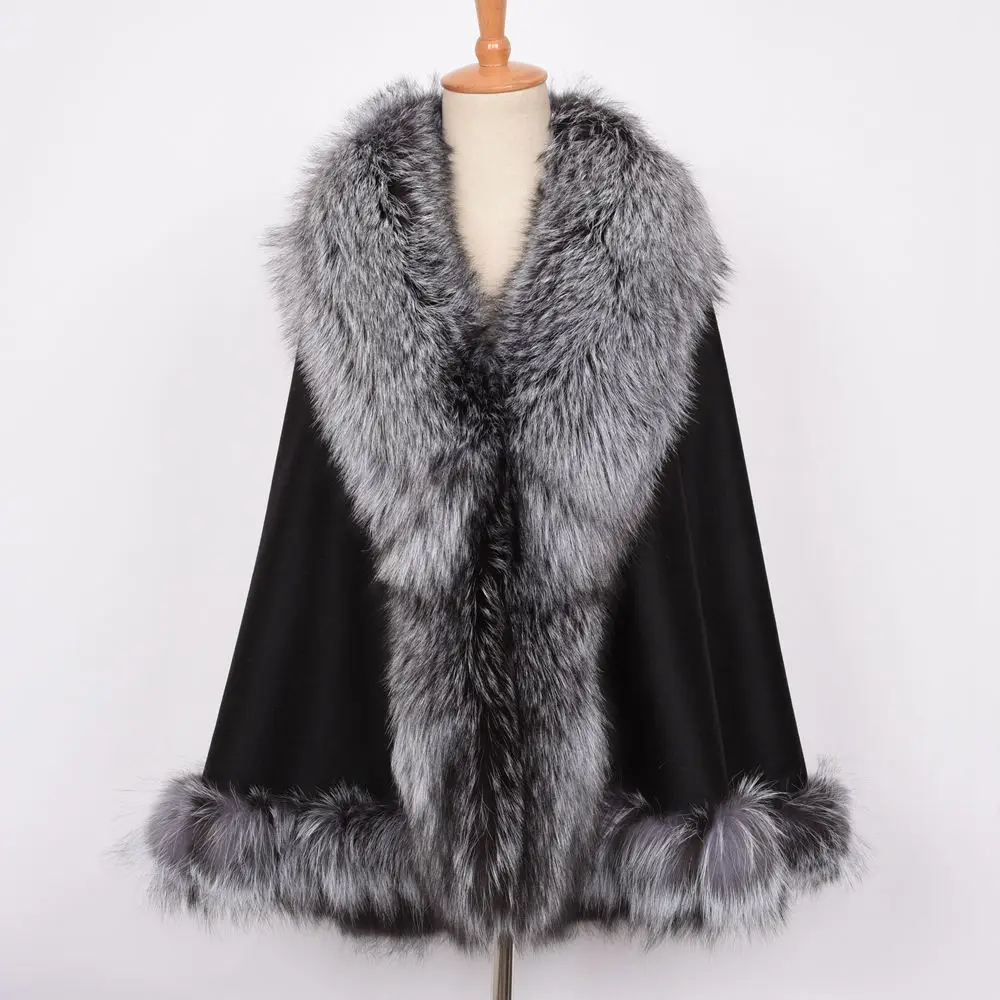 Silver Fox JKKFURS, женское пончо, натуральный Лисий мех, воротник, отделка и кашемировая накидка, шерсть, модный стиль, Осень-зима, теплое пальто, S7358 - Цвет: Silver Fox