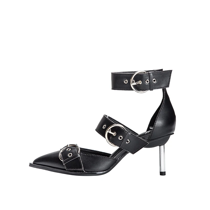 Женские сандалии с острым носком на шпильках кожаные пряжкой в римском стиле