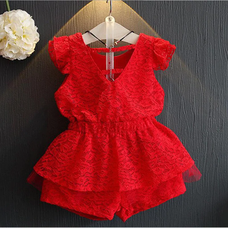 Детские комплекты одежды для девочек летняя одежда красная кружевная рубашка с