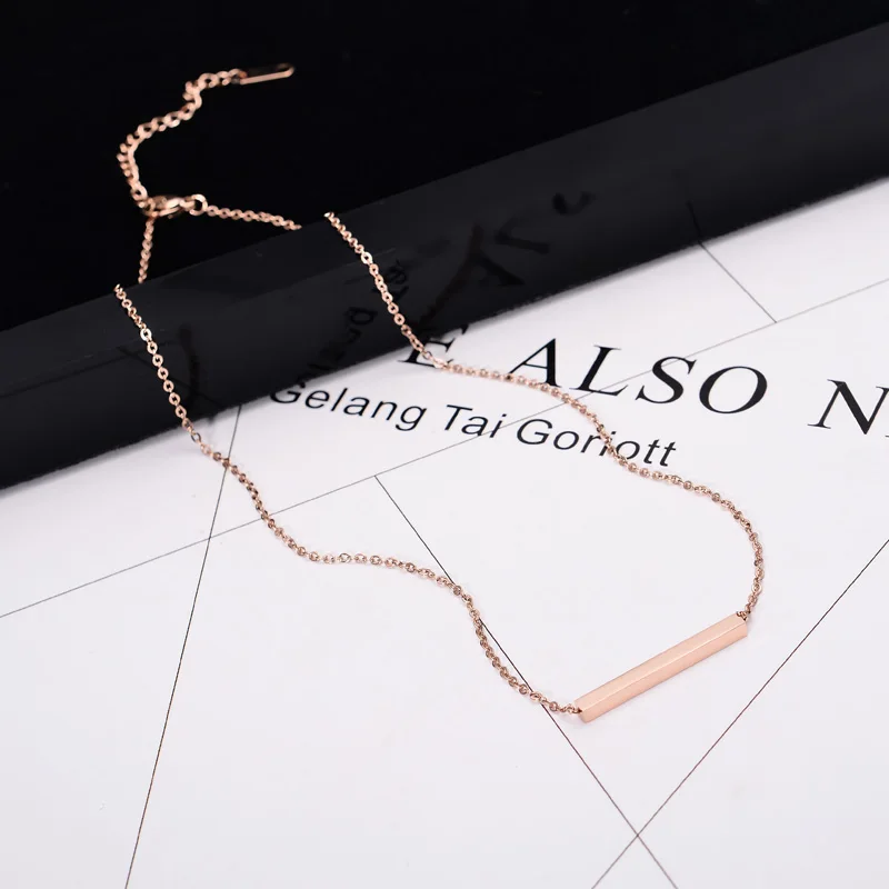 

YUN RUO Fashion Brand Woman Jewelry Rose Gold Color Cuboid Pendant Necklace Simply Choker High Polish Stainless Steel Jewelry