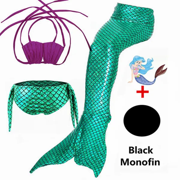 3pcs suit with Fin Хвосты маленькой русалки Ариэль для плавания, костюм «хвост русалки», косплей, купальник для девочек, детский купальный костюм - Цвет: 3pcs suit with Fin