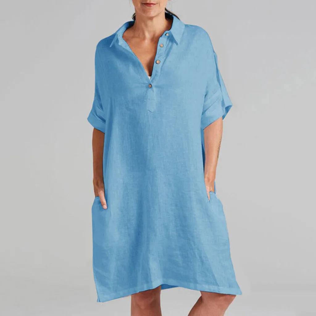 Платье женское хлопково-льняное с V-образным вырезом модный однотонный свободный