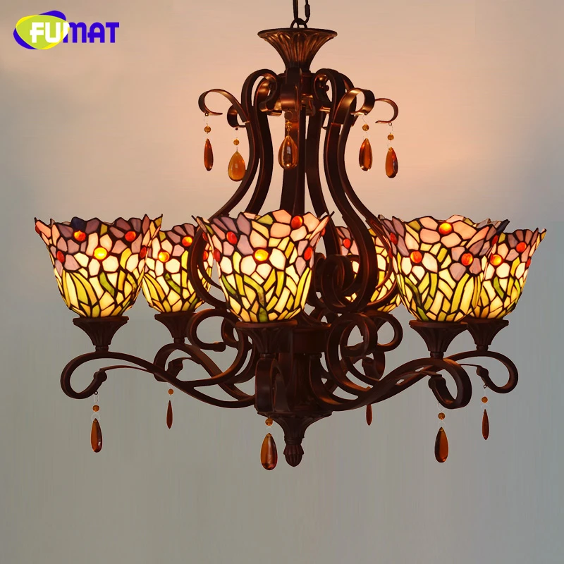 Beste FUMAT Gebrandschilderde Kroonluchter Mediterrane Stijl Korte Paarse Orchidee Art Glas Lamp Voor Woonkamer Keuken Verlichtingsarmaturen
