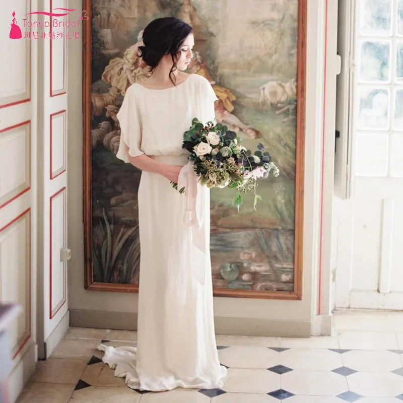 Слоновая кость Короткие рукава Длинные богемные Свадебные платья простые v-образный вырез на спине пляжные свадебные платья Vestido Noiva G2559 - Цвет: Слоновая кость