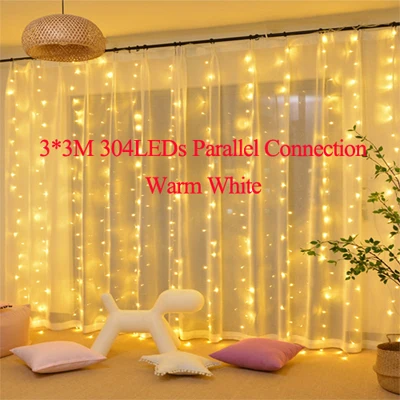 304leds Warm White 3x3 м 304 светодиодный Сказочный светильник для свадьбы, Рождественская гирлянда, светодиодный светильник для занавесок, для улицы, Нового года, дня рождения, вечеринки, украшения сада - Испускаемый цвет: 304leds Warm White