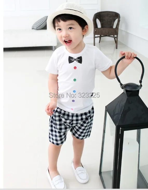 Retail 2014 summer new cotton Boys plaid strap Leisure suit Children's short-sleeved Free shipping | Тематическая одежда и