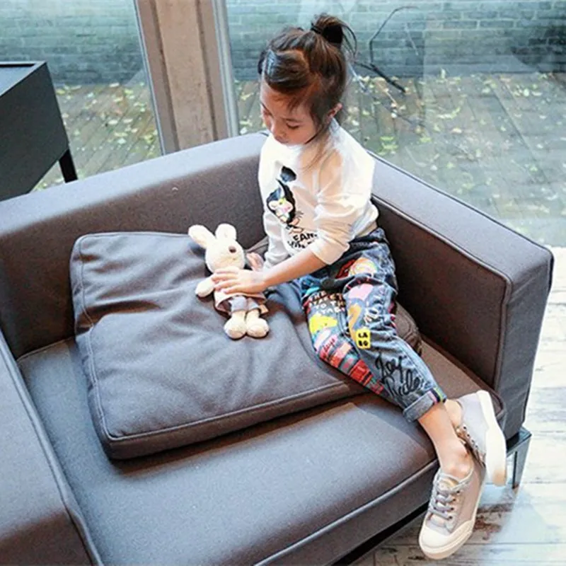 Детские брюки с мультяшным рисунком Длинные повседневные джинсы для девочек 2 8