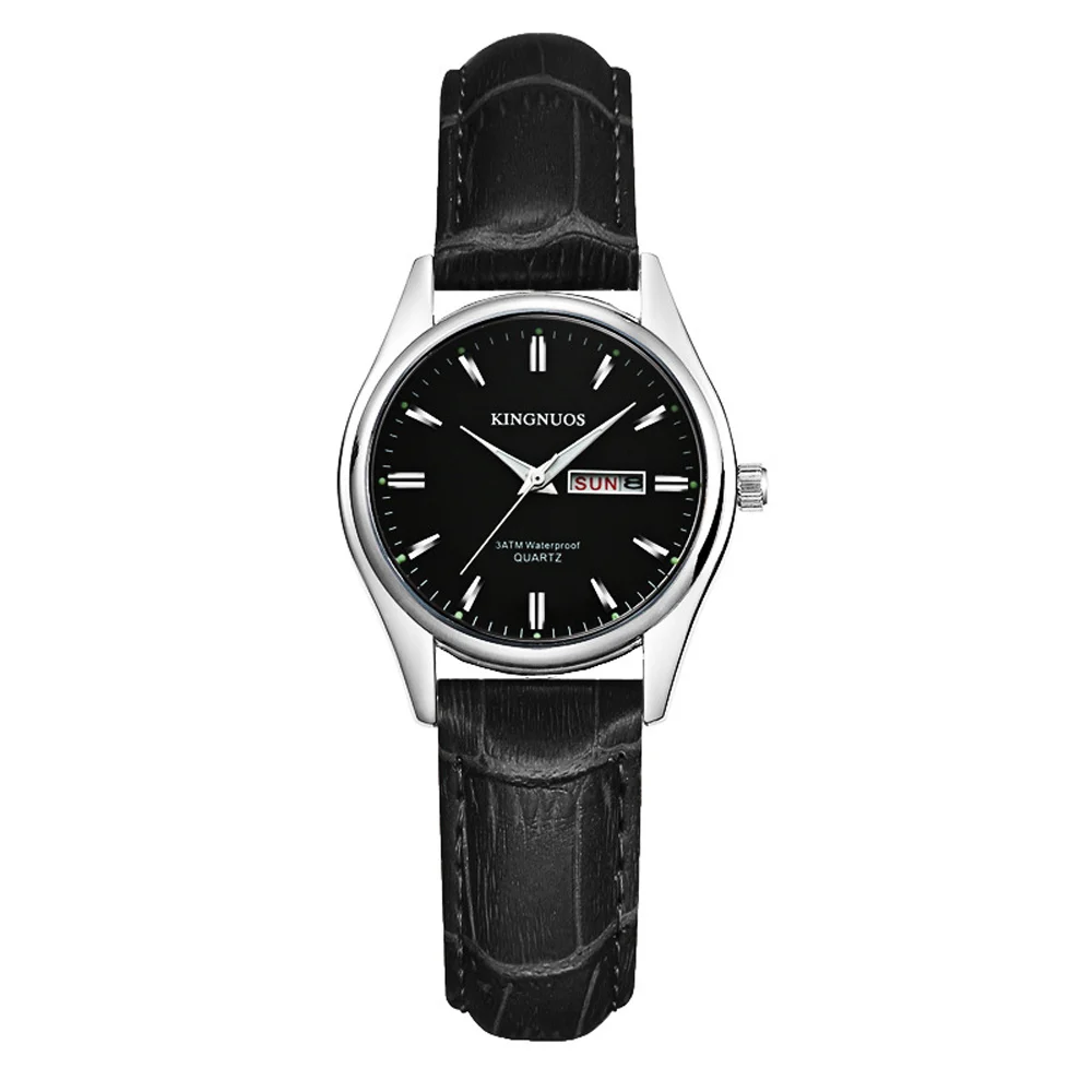 Women Black Black KINGNUOS брендовые модные роскошные часы-браслет из натуральной кожи для женщин, мужские часы с двойным временем, мужские часы, мужские часы - Цвет: Women Black Black