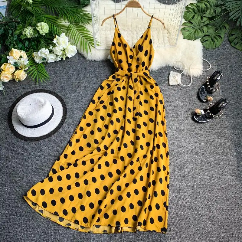 Корейское длинное платье в черный и белый горошек с поясом элегантное на