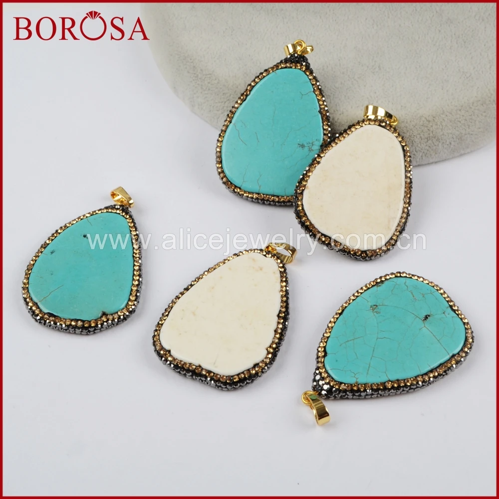 

BOROSA 10pcs Rhinestone Pave Drop Blue/White Howlite Stone Drusy Pendant Gems Fashion Pendant for Women Necklace JAB762