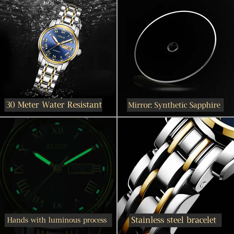 AESOP Gold luxury Watch Women Japan Movement Mechanical Automatic watch Ladies Stainless steel Golden Female Clock Women