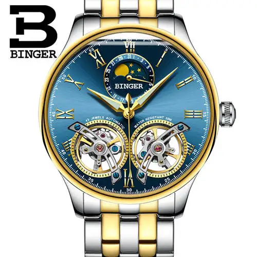 Gold blue B8606A st Швейцарские мужские часы с двойным Tourbillon, BINGER, автоматические часы для мужчин, модные механические наручные часы с кожаным ремешком - Цвет: Gold blue B8606A st