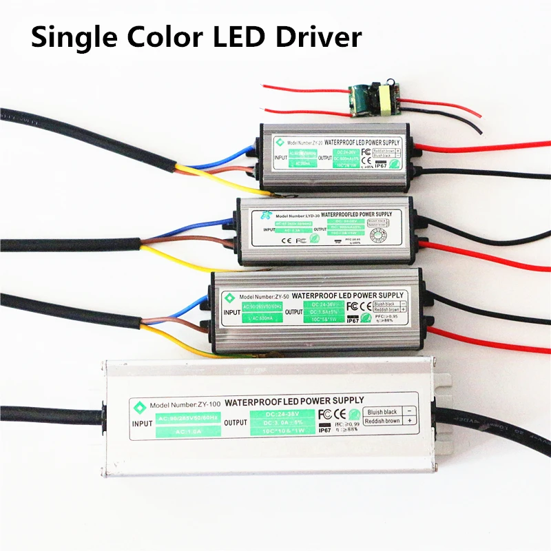 AC 85-265V 110V 220V DC/DC 24 V-38 V 10W 20W 30W 50W 100W IP67 Водонепроницаемый один Цвет RGB прожектор чип светодиодный драйвер