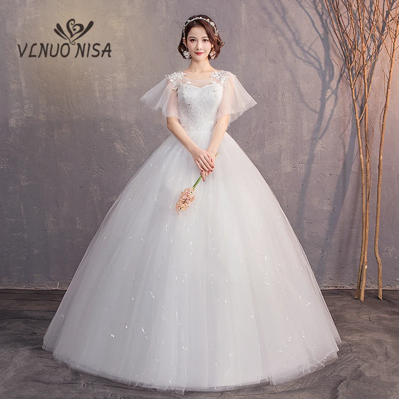 

2019 New Fashion Flare Sleeve Wedding Dress Delicate Elegant Appliques Lace Illusion Ball Gown Cheap Plus Size Bridal Dress 15