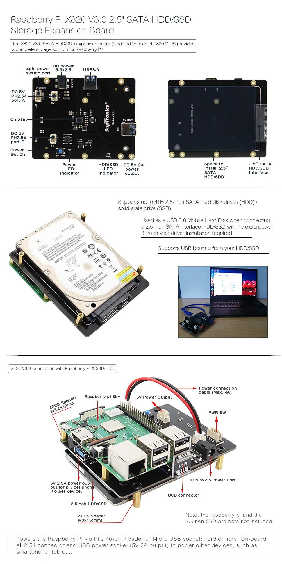 Raspberry Pi X820 2," SATA плата для хранения+ X735 плата управления питанием+ блок питания+ металлический чехол для Raspberry Pi 3B+/3B/ROCK64