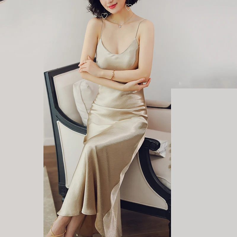 Spaghetti Strap Dress Women Long Sumer Solid color V-neck Sexy Slim Elegante Ladies Vestido Feminino LIU54 | Женская одежда