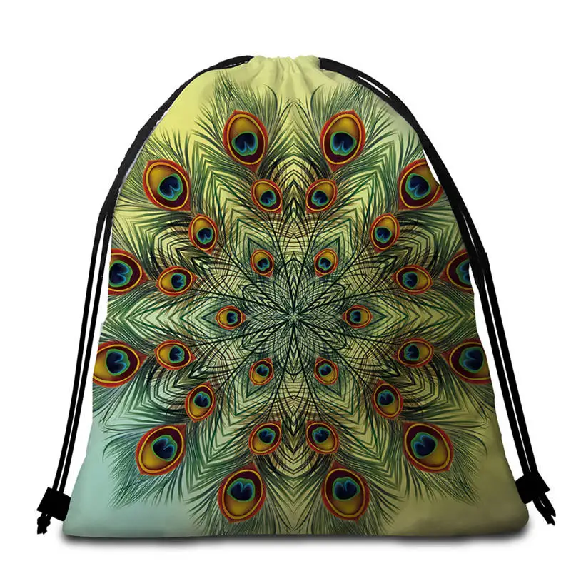DoubleSide Print Bag Постельные принадлежности Outlet Павлин Мандала круглое пляжное полотенце с бахромой Toalla большое для взрослых богемное цветочное солнцезащитное одеяло коврик для йоги 150 см - Цвет: DoubleSide Print Bag